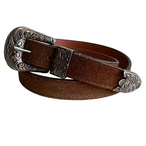 Lucky Brand Accessories - Lucky Brand Tan Suede Rope Engraved Western Buckle Belt Silver Tone L